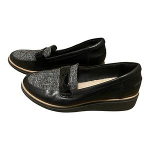 Clarks Collection Black Tweed Patent Trim Loafer Wedge Shoes Womens‎ Size 7 M